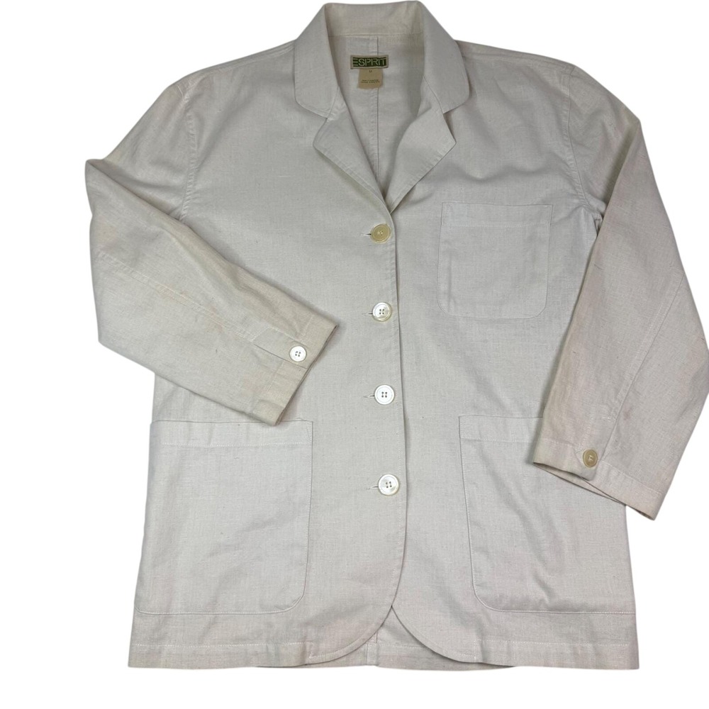 VTG 80s Esprit Cream Linen Blazer Jacket Womens Medium Button Up Light Utility